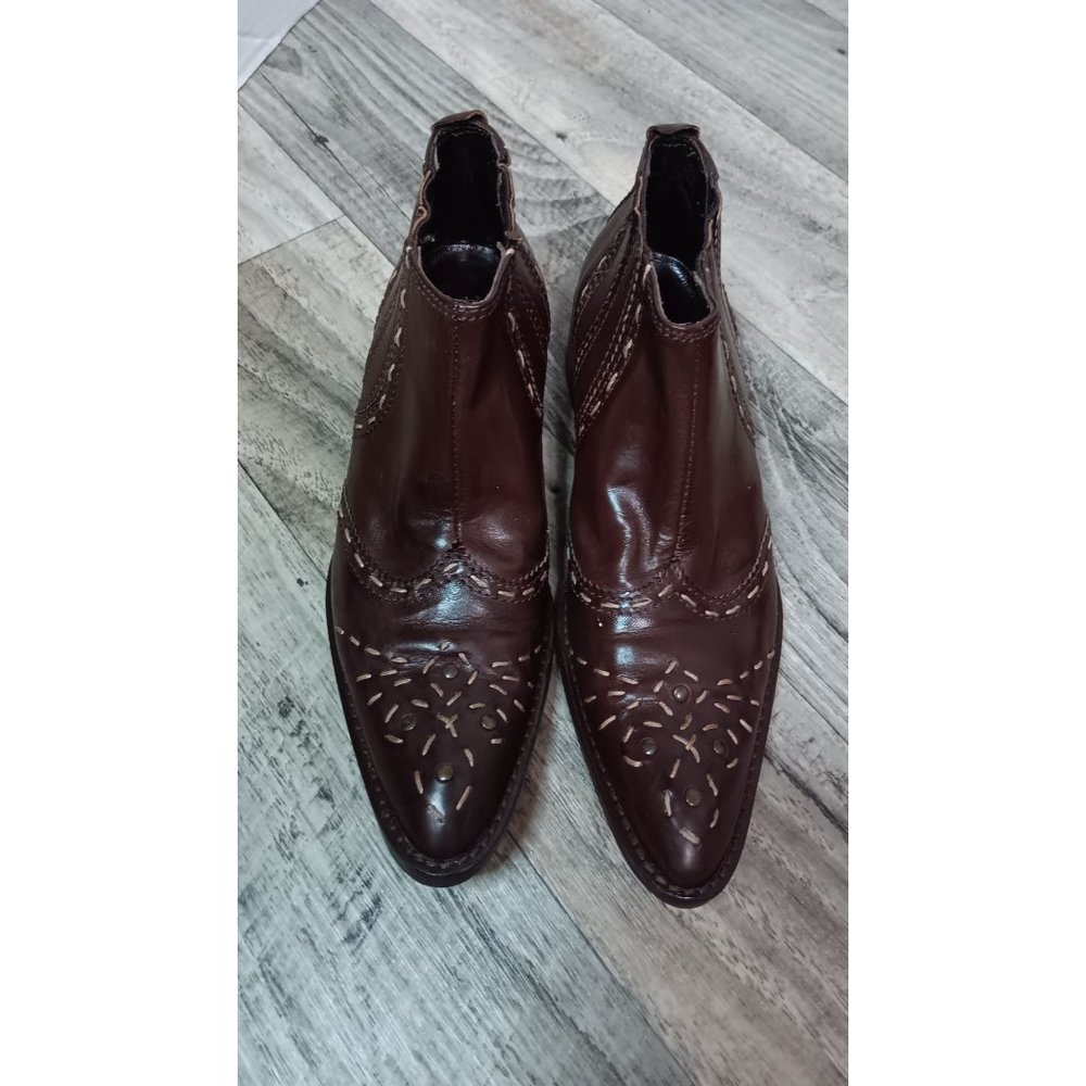 Tentazione 37 Brown Leather Western Stitching Cowgirl Boho Point Toe Ankle Boots